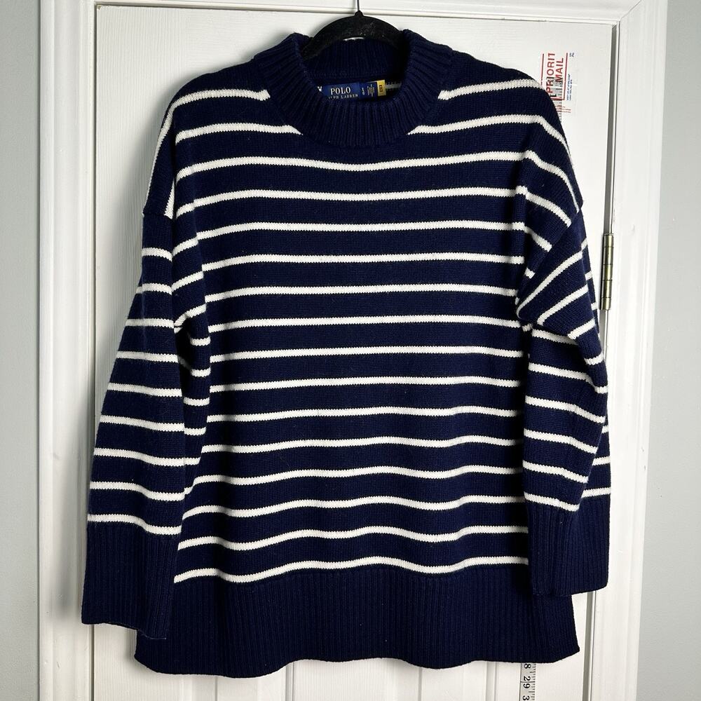 Lauren Ralph Lauren Navy White Striped Sweater Large Mock Neck Preppy Coastal - Picture 3 of 12